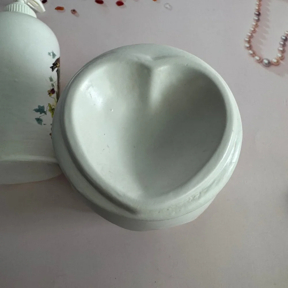 Vintage Birdhouse Pansy Ceramic Soap Dispenser and Heart Wax Warmer Set White